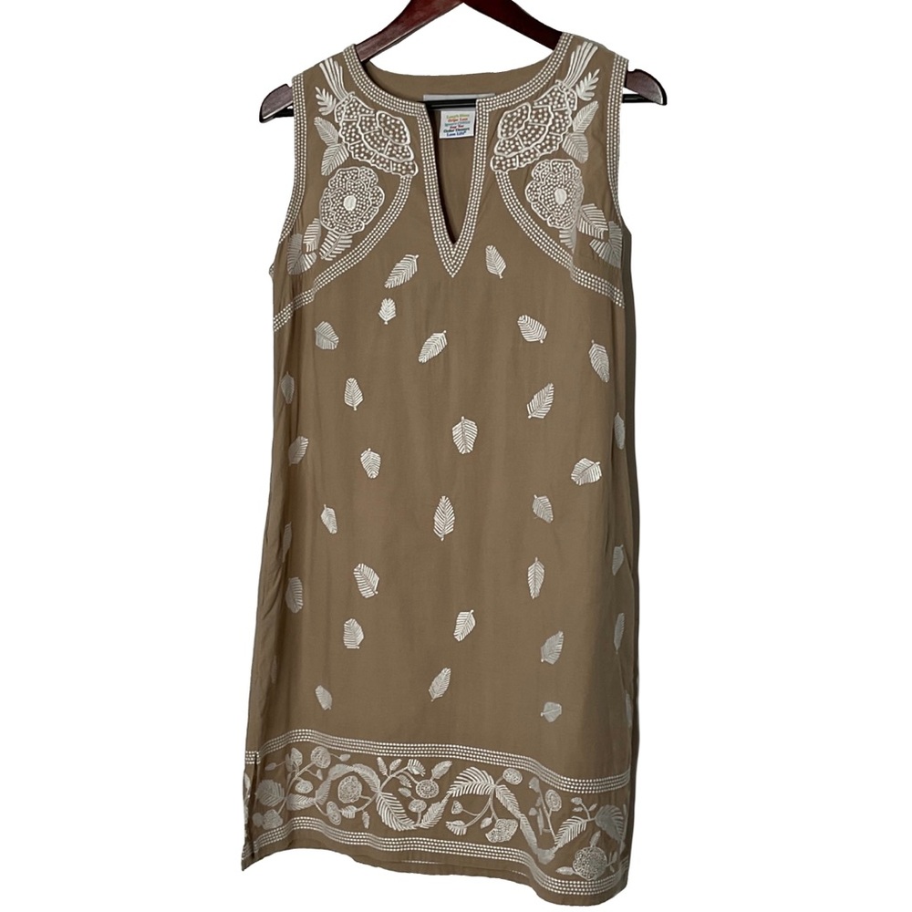Gretchen Scott Designs Sleeveless Halter Neckline Tan White Leaf Pattern Dress M - Picture 1 of 16